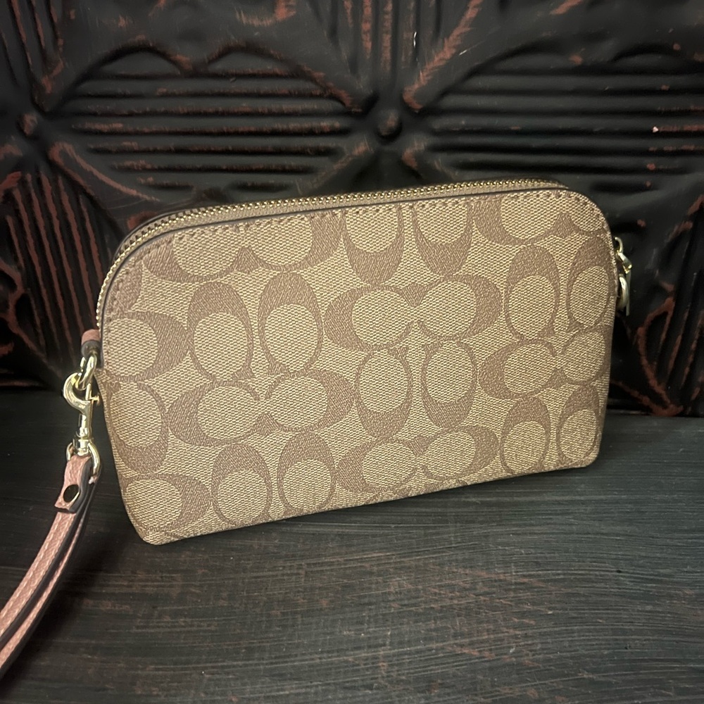 Coach Signature Canvas Wristlet in Pink and Brown with Long Strap - Picture 3 of 11